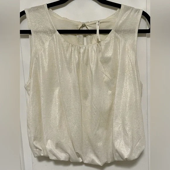 Anthropologie Shimmer Sleeveless Metallic Ivory Tank Top Bubble Hem Boho Small - Picture 1 of 10